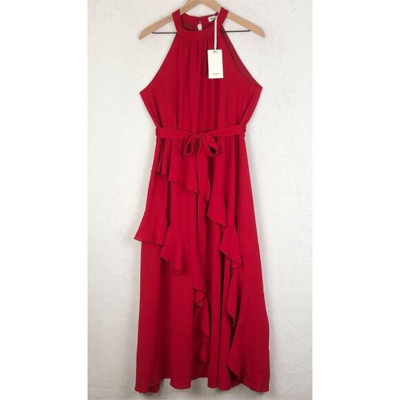 NWT GRACE KARIN Dress Sz L Cherry Red Halter Tie Wrap Ruffles Feminine Romantic - Picture 1 of 14